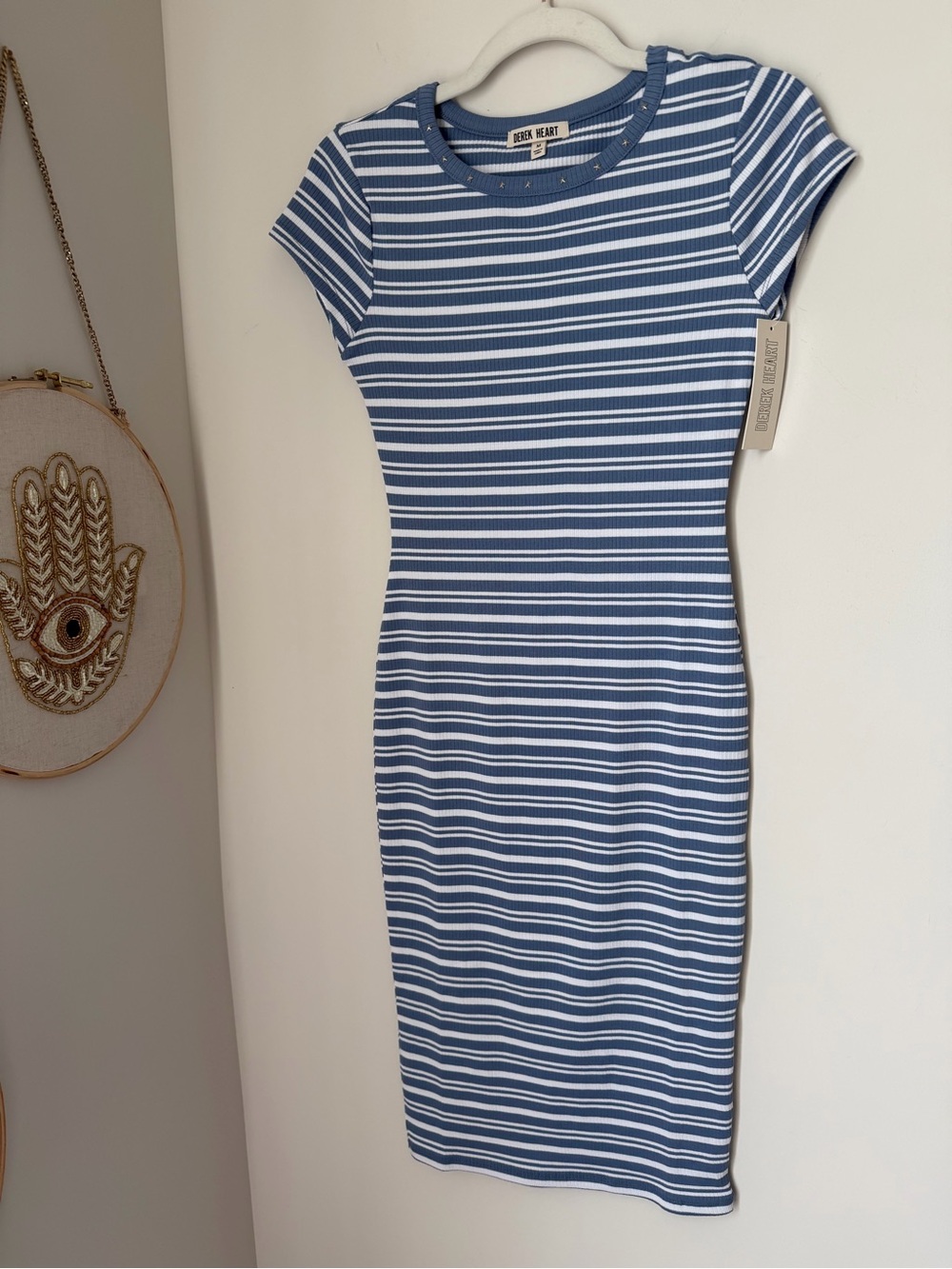 Blue and White Striped Ribbed short sleeve Midi Dress stud detail